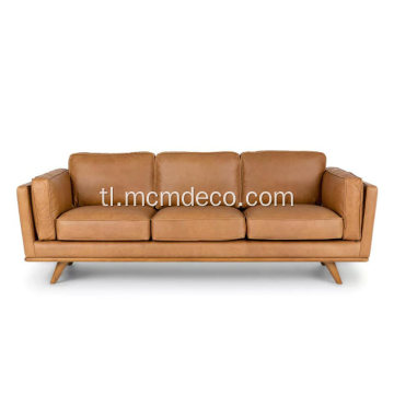 Mid-Century Modern Timber Charme Tan leather Sofa